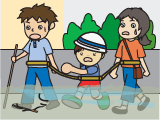 からだをロープでむすんでひなんしているイラスト