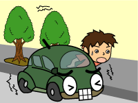 どうろひだりがわにていしゃしてひなんしている。キーはさしこんだままのイラスト