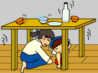 テーブルのしたにははとこどもがもぐっているイラスト