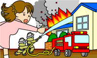 しょうぼうたいにたいしてもえているたてものをめざしているイラスト