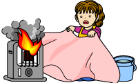 せきゆストーブがもえあがってもうふをかぶせているイラスト